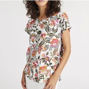 100% LINEN Floral Short Sleeve Top Womens Shirt Rachel Zoe Large Pink Paisley